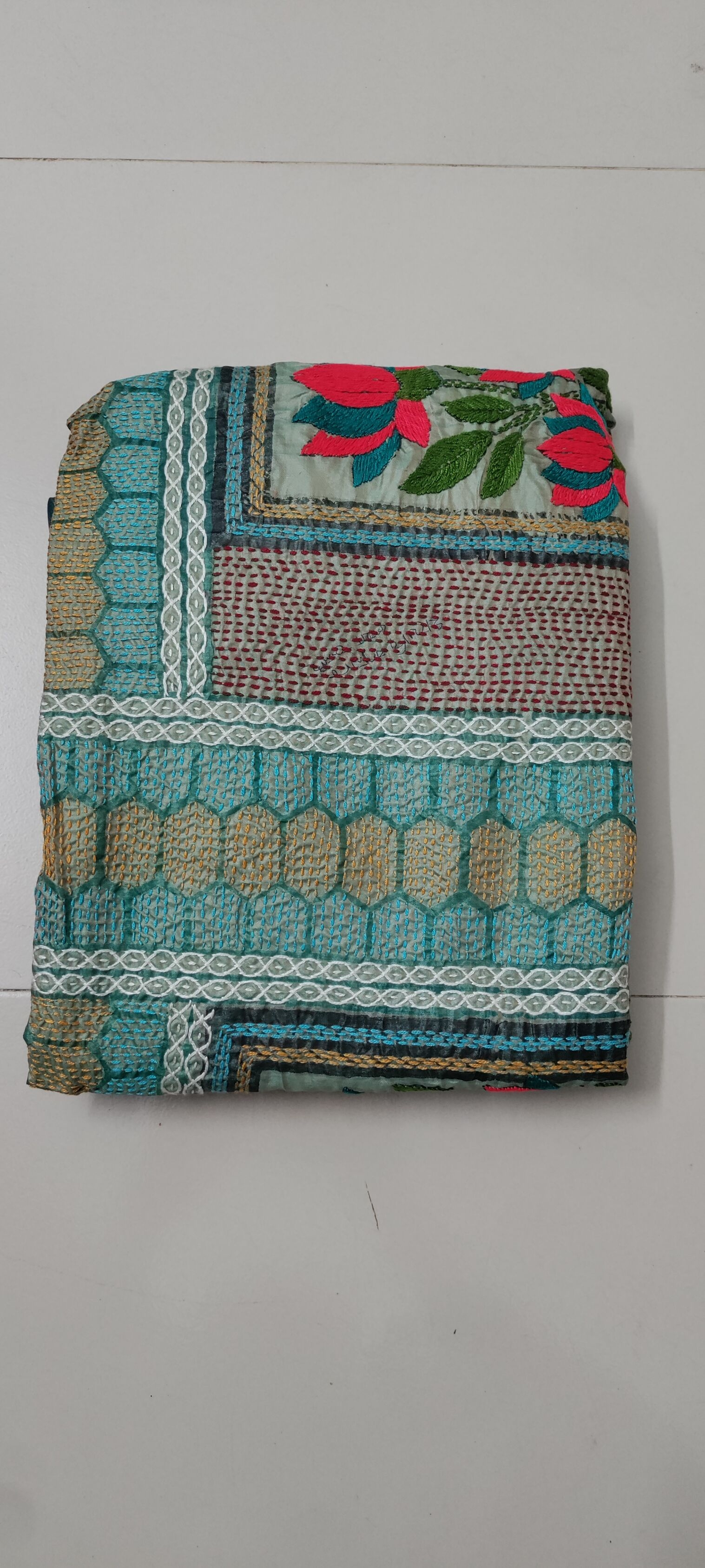 Olive Green leaf work Muslin Saree