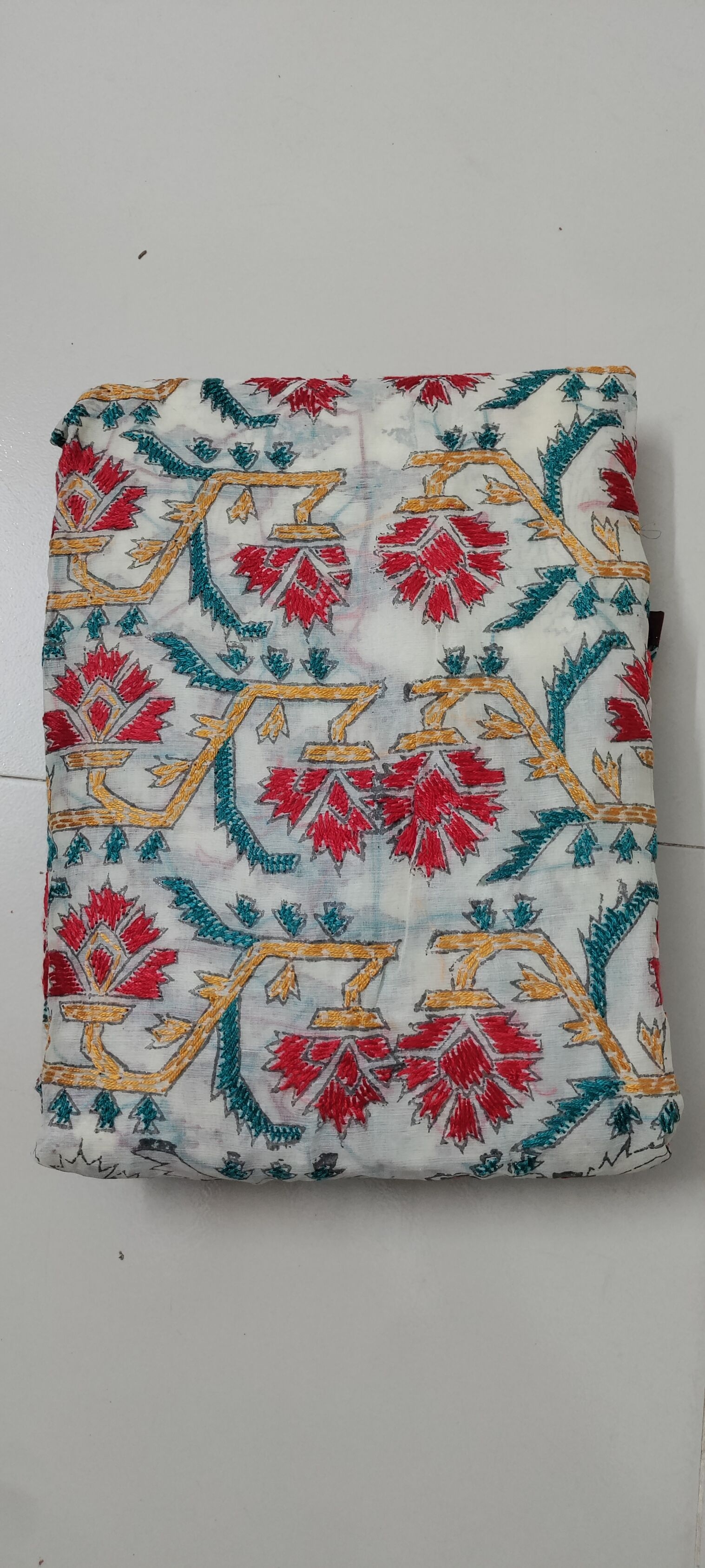 Ivory White with Deep Red Floral Muslin Saree