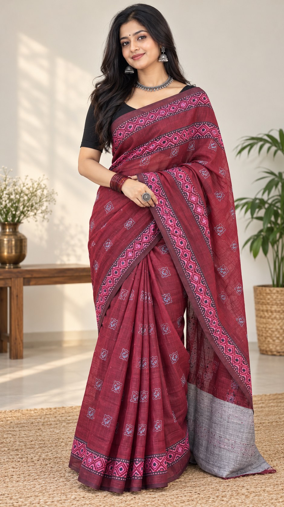 Maroon Pink Block Print Saree