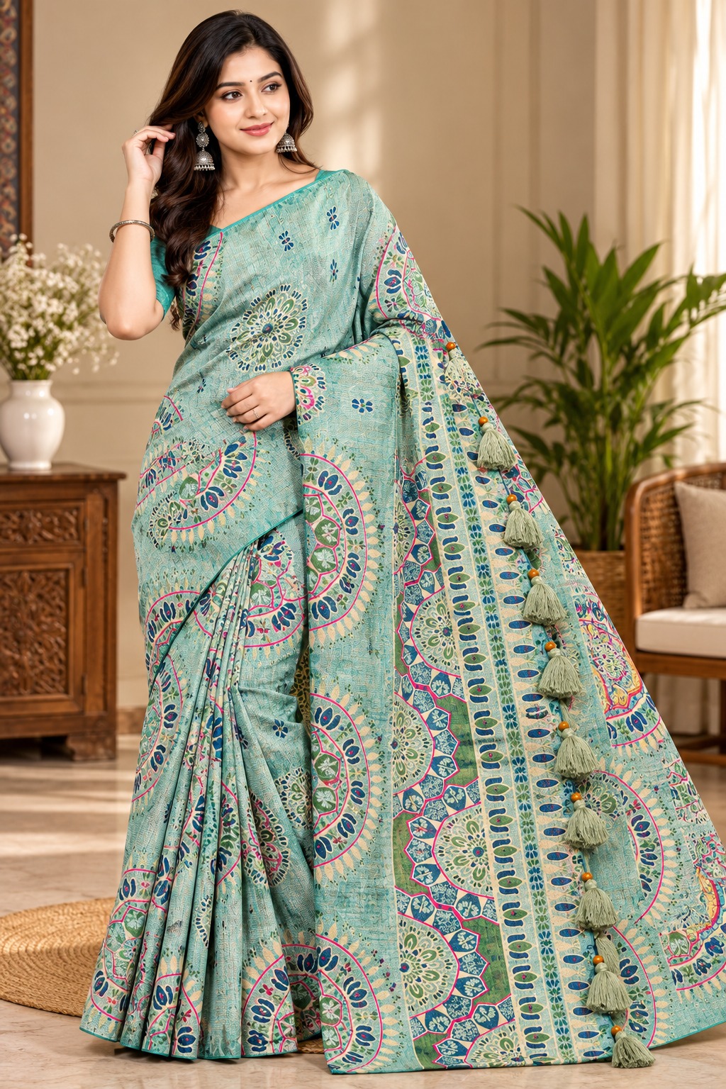Mint Green Silk Handwork Saree