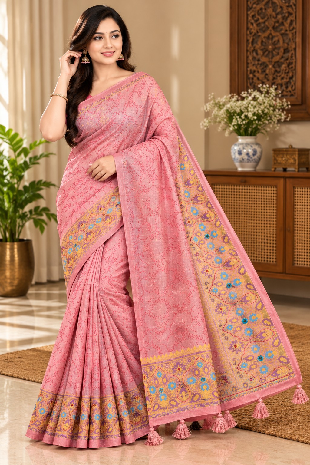 Pink Floral Jacquard Silk Saree