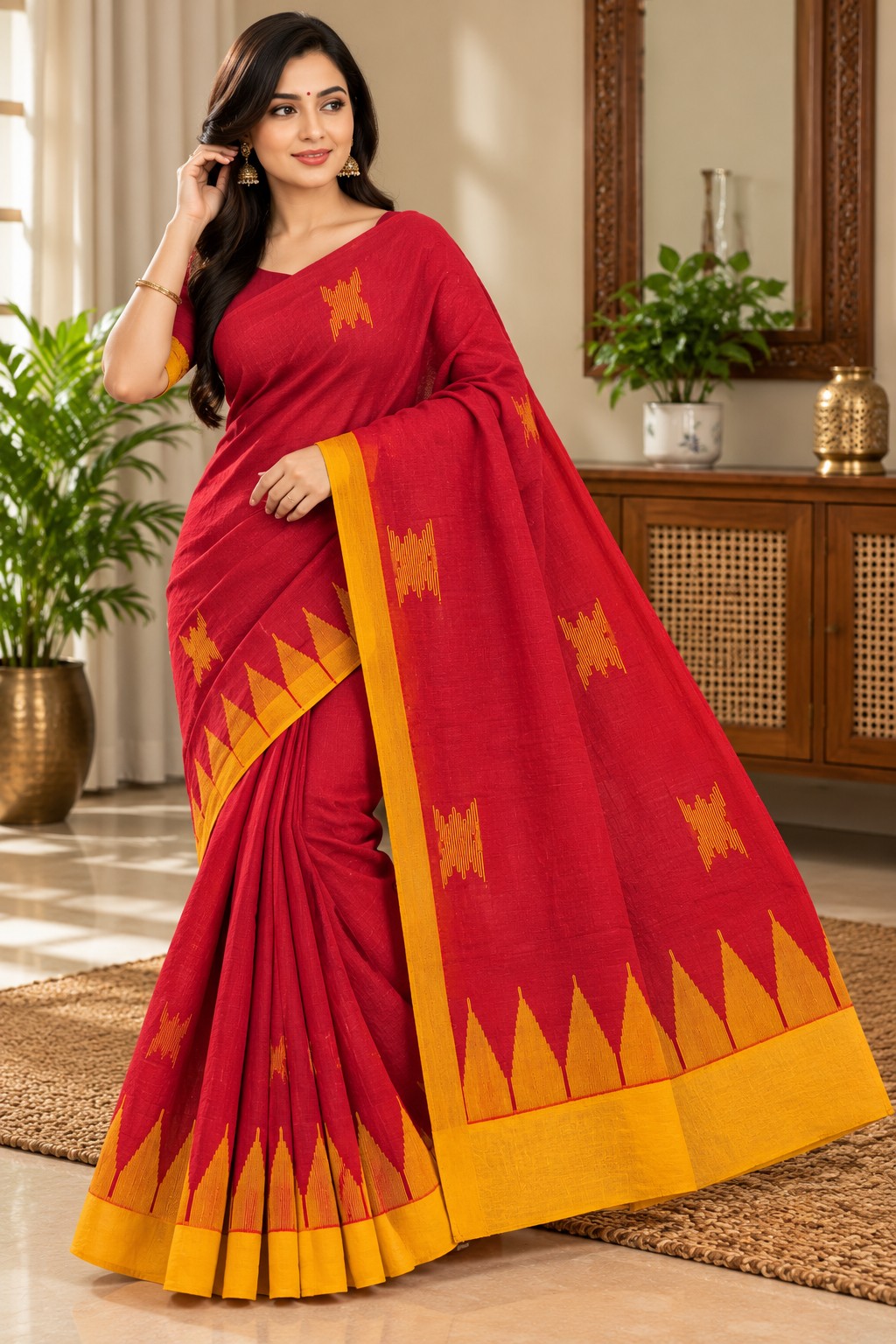 Red & Mustard Traditional Monipuri Saree