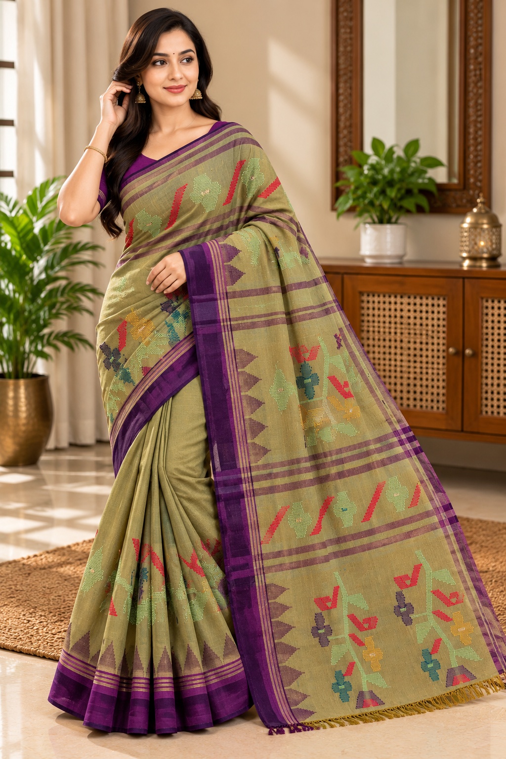 Olive Purple Monipuri Saree