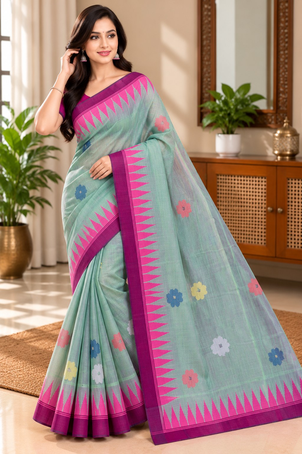 Mint Green Magenta Temple Border  Monipuri Saree