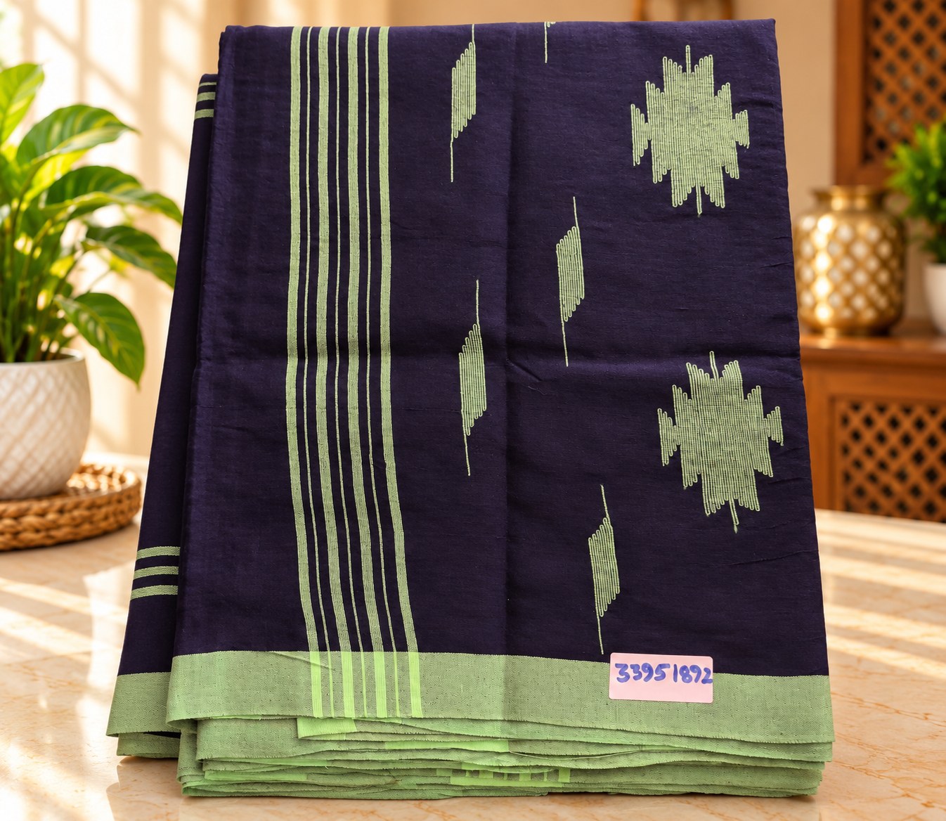Midnight Indigo Green Border Manipuri Saree
